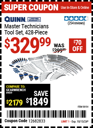 Buy the QUINN Master Technician Tool Set, 428 Pc. (Item 58154) for $329.99, valid through 10/13/2024.