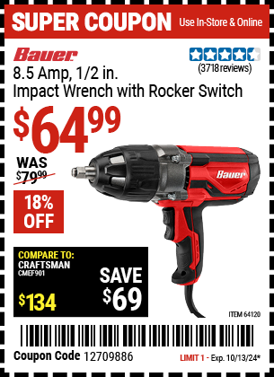 Buy the BAUER 8.5 Amp 1/2 in. Impact Wrench with Rocker Switch (Item 64120) for $64.99, valid through 10/13/2024.