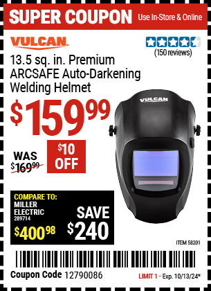 Buy the VULCAN Premium ARCSAFE Auto-Darkening Welding Helmet (Item 58201) for $159.99, valid through 10/13/2024.