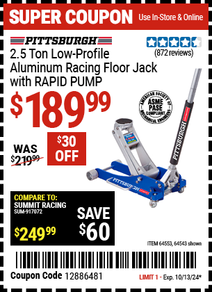 Buy the PITTSBURGH AUTOMOTIVE 2.5 Ton Aluminum Rapid Pump Racing Floor Jack (Item 64543/64553) for $189.99, valid through 10/13/2024.