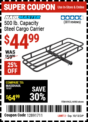 Buy the HAUL-MASTER 500 lb. Steel Cargo Carrier (Item 66983/69623) for $44.99, valid through 10/13/2024.