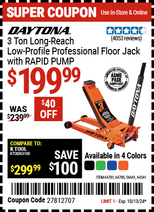 Buy the DAYTONA 3 Ton Long-Reach Low-Profile Professional Floor Jack with RAPID PUMP (Item 56641/64241/64781/64785) for $199.99, valid through 10/13/2024.