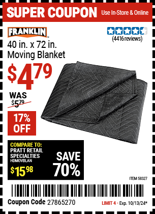 Buy the FRANKLIN 40 in. x 72 in. Moving Blanket (Item 58327) for $4.79, valid through 10/13/2024.