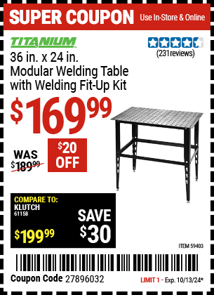 Buy the TITANIUM 36 in. x 24 in. Modular Welding Table with Welding Fit-Up Kit (Item 59403) for $169.99, valid through 10/13/2024.