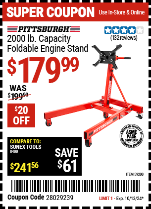 Buy the PITTSBURGH 2000 lb. Capacity Foldable Engine Stand (Item 59200) for $179.99, valid through 10/13/2024.