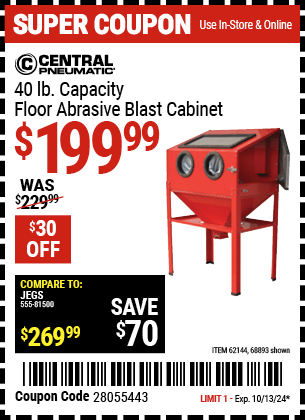 Buy the CENTRAL PNEUMATIC 40 lb. Capacity Floor Blast Cabinet (Item 68893/62144) for $199.99, valid through 10/13/2024.