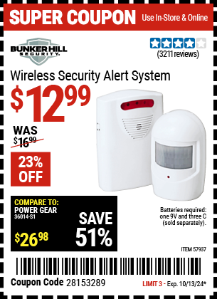 Buy the BUNKER HILL SECURITY Wireless Security Alert System (Item 57937) for $12.99, valid through 10/13/2024.