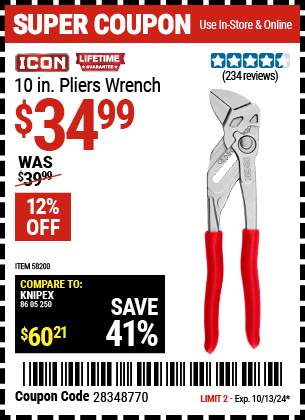 Buy the ICON 10 in. Pliers Wrench with Comfort Grip (Item 58200) for $34.99, valid through 10/13/2024.