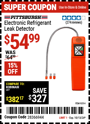 Buy the PITTSBURGH AUTOMOTIVE Electronic Refrigerant Leak Detector (Item 92514) for $54.99, valid through 10/13/2024.