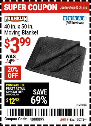 Buy the FRANKLIN 40 in. x 50 in. Moving Blanket (Item 58328) for $3.99, valid through 10/27/2024.