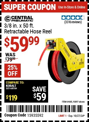 Buy the CENTRAL PNEUMATIC 3/8 in. X 50 ft. Retractable Hose Reel (Item 93897/64685) for $59.99, valid through 10/27/2024.