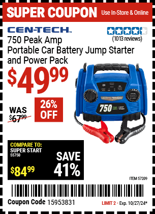 Buy the CEN-TECH 750 Peak Amp Jump Starter And 12V Power Pack USB LED Work Light (Item 57209) for $49.99, valid through 10/27/2024.