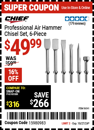 Buy the CHIEF Professional 6 Pc. Air Hammer Chisel Set (Item 56541) for $49.99, valid through 10/27/2024.