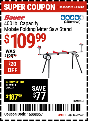 Buy the BAUER 400 lb. Mobile Miter Saw Stand (Item 58654) for $109.99, valid through 10/27/2024.