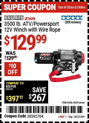 Buy the BADLAND ZXR 3500 lb. ATV/Powersport 12V Winch With Wire Rope (Item 56259/56528) for $129.99, valid through 10/27/2024.