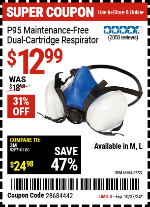 Buy the GERSON P95 Maintenance-Free Dual Cartridge Respirator (Item 66554/67727) for $12.99, valid through 10/27/2024.