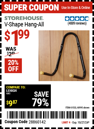 Buy the STOREHOUSE V-Shape Hang-All (Item 68995/61533) for $1.99, valid through 10/27/2024.