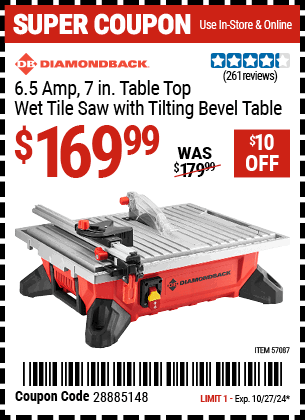 Buy the DIAMONDBACK 6.5 Amp 7 in. Table Top Wet Tile Saw with Tilting Bevel Table (Item 57087) for $169.99, valid through 10/27/2024.