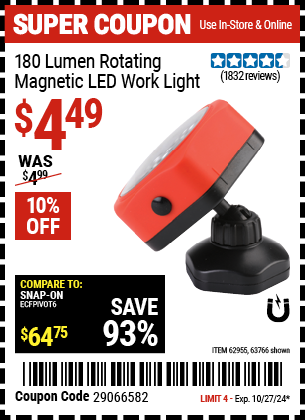 Buy the Rotating Magnetic LED Worklight (Item 63766/62955) for $4.49, valid through 10/27/2024.