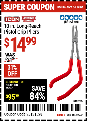 Buy the ICON 10 in. Long-Reach Pistol-Grip Duckbill Pliers (Item 59805) for $14.99, valid through 10/27/2024.