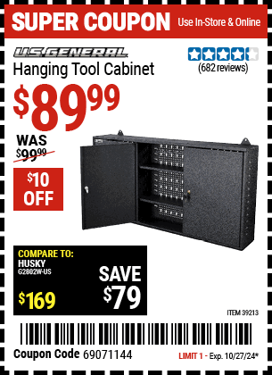 Buy the U.S. GENERAL Hanging Tool Cabinet (Item 39213) for $89.99, valid through 10/27/2024.