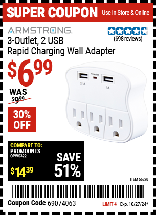 Buy the ARMSTRONG 3 Outlet 2 USB Rapid Charging Wall Adapter (Item 56220) for $6.99, valid through 10/27/2024.