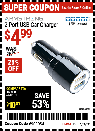 Buy the ARMSTRONG Two Port USB Car Charger (Item 64976) for $4.99, valid through 10/27/2024.