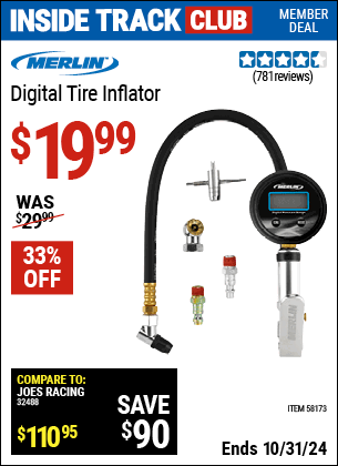 Inside Track Club members can Buy the MERLIN Digital Tire Inflator (Item 58173) for $19.99, valid through 10/31/2024.