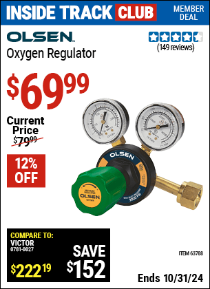 Inside Track Club members can Buy the OLSEN Oxygen Regulator (Item 63788) for $69.99, valid through 10/31/2024.