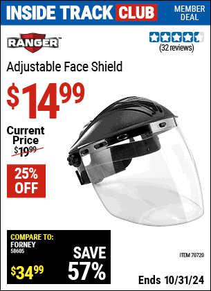 Inside Track Club members can Buy the RANGER Adjustable Face Shield (Item 70720) for $14.99, valid through 10/31/2024.