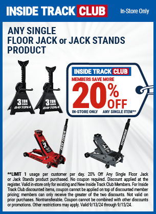 Save 20% Off Any Single Floor Jack or Jack Stands Product, valid through 9/15/2024.