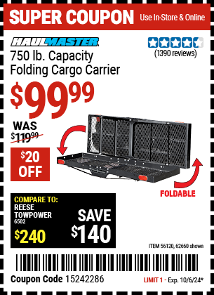 Buy the HAUL-MASTER 750 lb. Capacity Heavy Duty Folding Cargo Carrier (Item 62660/56120) for $99.99, valid through 10/6/2024.