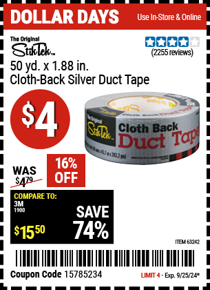 Buy the STIKTEK 50 yd. x 1.88 in. Cloth Back Silver Duct Tape (Item 63242) for $4, valid through 9/25/2024.