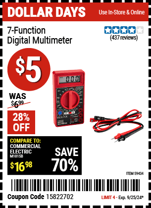 Buy the 7-Function Digital Multimeter (Item 59434) for $5, valid through 9/25/2024.