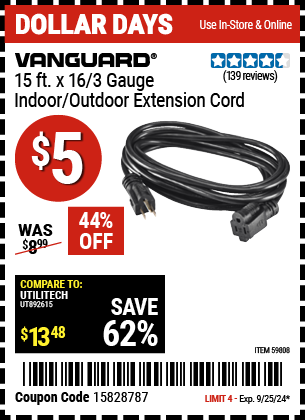 Buy the VANGUARD 15 ft. x 16/3 Gauge Indoor/Outdoor Extension Cord, Black (Item 59808) for $5, valid through 9/25/2024.