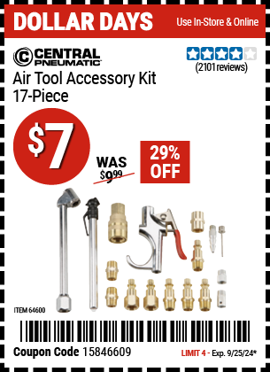 Buy the CENTRAL PNEUMATIC Air Tool Accessory Kit 17 Pc. (Item 64600) for $7, valid through 9/25/2024.