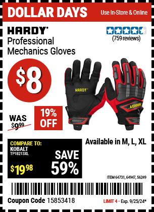 Buy the HARDY Professional Mechanics Gloves (Item 56249/64731/64947) for $8, valid through 9/25/2024.