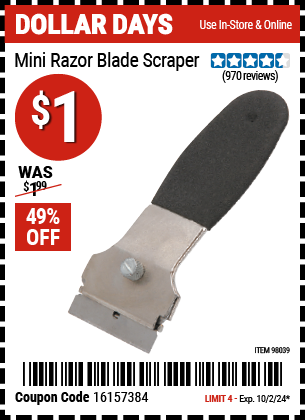 Buy the Mini Razor Blade Scraper (Item 98039) for $1, valid through 10/2/2024.