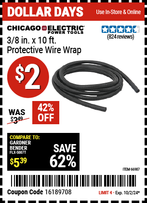 Buy the CHICAGO ELECTRIC 3/8 in. x 10 ft. Protective Wire Wrap (Item 66987) for $2, valid through 10/2/2024.