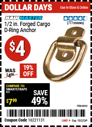 Buy the HAUL-MASTER 1/2 in. Forged Cargo D-Ring Anchor (Item 60323) for $4, valid through 10/2/2024.