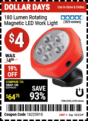 Buy the Rotating Magnetic LED Worklight (Item 63766/62955) for $4, valid through 10/2/2024.