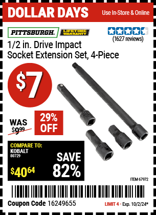 Buy the PITTSBURGH 4 Pc 1/2 in. Drive Impact Socket Extension Set (Item 67972) for $7, valid through 10/2/2024.