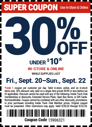 Save 30% Off Any Single Item Under $10, valid through 9/22/2024.