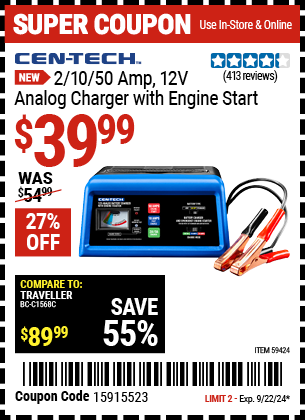 Buy the CEN-TECH 2/10/50 Amp, 12V Manual Charger with Engine Start (Item 59424) for $39.99, valid through 9/22/2024.