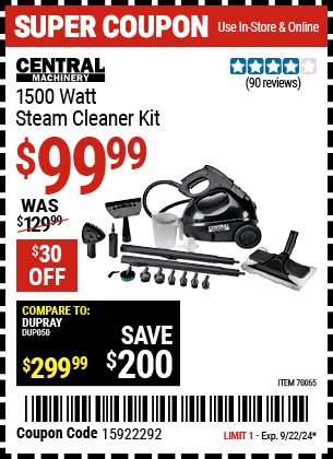 Buy the CENTRAL MACHINERY 1500 Watt Steam Cleaner Kit (Item 70065) for $99.99, valid through 9/22/2024.