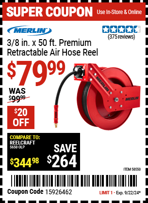 Buy the MERLIN 3/8 in. x 50 ft. Premium Retractable Air Hose Reel (Item 58550) for $79.99, valid through 9/22/2024.