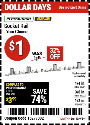 Buy the PITTSBURGH Socket Rail (Item 39721/39722/39723) for $1, valid through 10/9/2024.