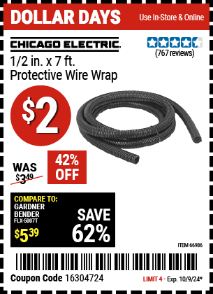 Buy the CHICAGO ELECTRIC 1/2 in. x 7 ft. Protective Wire Wrap (Item 66986) for $2, valid through 10/9/2024.