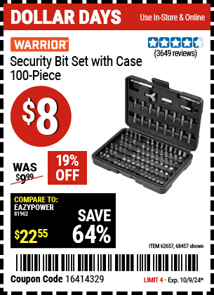 Buy the WARRIOR Security Bit Set with Case, 100 Pc. (Item 68457/62657) for $8, valid through 10/9/2024.