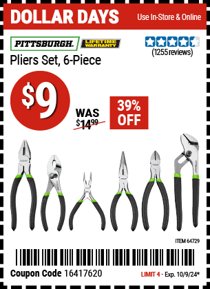 Buy the PITTSBURGH Pliers Set 6 Pc. (Item 64729) for $9, valid through 10/9/2024.